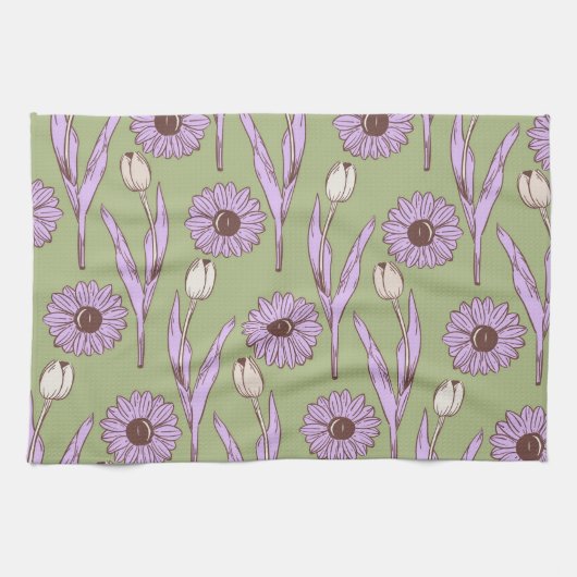 グリーンパープル熱帯フローラの夏 キッチンタオル (横)