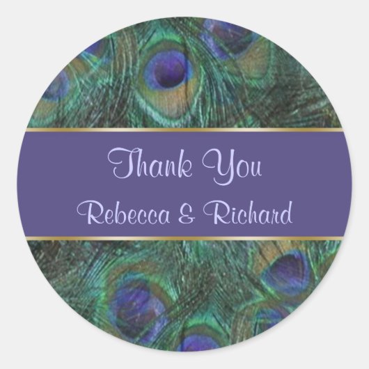 グリーンパープル結婚ピーコックの感謝ステッカー ラウンドシール (正面)