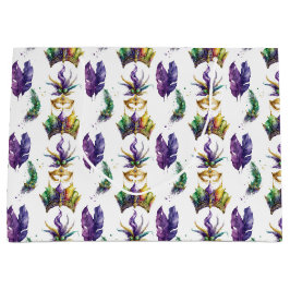 グリーンパープル金ゴールドマルディグラスマスク&フェザー ラージペーパーバッグ