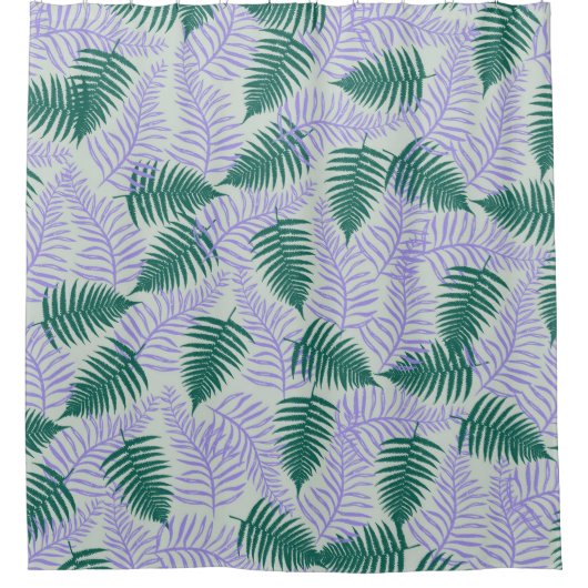 グリーンパープル離れファーンレトロ70s花柄 シャワーカーテン (正面)