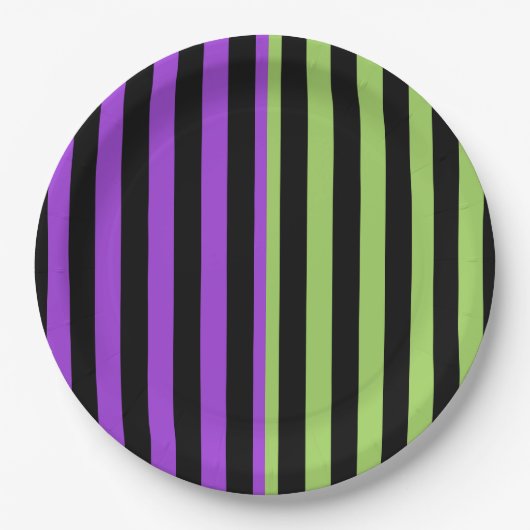 グリーンパープル&ブラックハロウィンストライプパーティー ペーパープレート (正面)