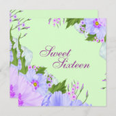 グリーンパープル&ブルーフラワー誕生日招待状 招待状 (正面/裏面)