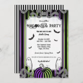 グリーンパープル&白黒ストライプハローウィンパーティ 招待状 (正面/裏面)