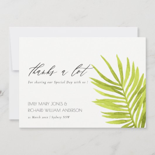 グリーンパームの葉の水の色の葉ありがとう サンキューカード (正面)