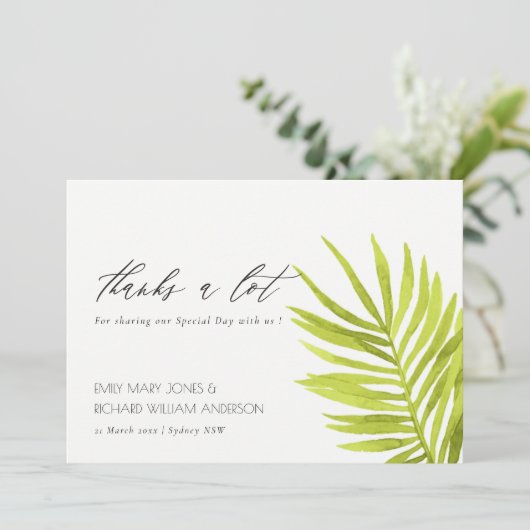 グリーンパームの葉の水の色の葉ありがとう サンキューカード (スタンド正面)