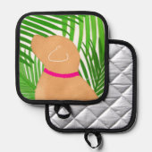 グリーンパームツリーアイランドイエロードッグポットホルダー 鍋敷き (正面/裏面)