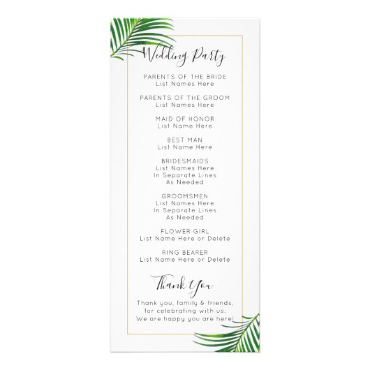 グリーンパームツリービーチ先結婚式プログラム ラックカード (裏面)