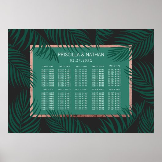 グリーンパームツリーリーフブラックバラ金ゴールドシーティングチャート ポスター (正面)