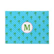 グリーンパームツリー付きドッグマットコースタルブルーカスタム