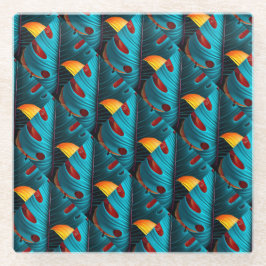 グリーンパームリーフパターン ガラスコースター