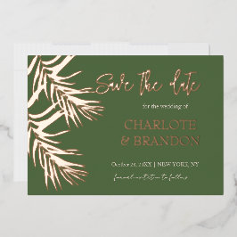 グリーンパーム葉の結婚式の日付を保存 箔招待状