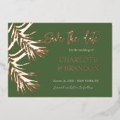 グリーンパーム葉の結婚式の日付を保存 箔招待状 (正面)