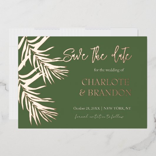 グリーンパーム葉の結婚式の日付を保存 箔招待状 (封筒)