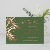 グリーンパーム葉の結婚式の日付を保存 箔招待状 (立ち正面)