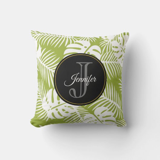 グリーンパーム葉ズ雨林パターンモノグラム クッション (正面)