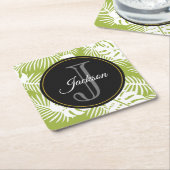 グリーンパーム葉ズ雨林パターンモノグラム スクエアペーパーコースター (アングル)
