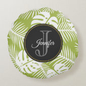 グリーンパーム葉ズ雨林パターンモノグラム ラウンドクッション (裏面)