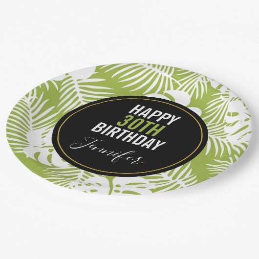 グリーンパーム葉ズ雨森パターン誕生日 ペーパープレート (アングル)