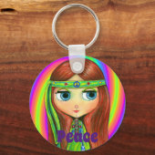 グリーンヒッピー人形ガールピースサインヘッドバンドかわいい キーホルダー (正面)