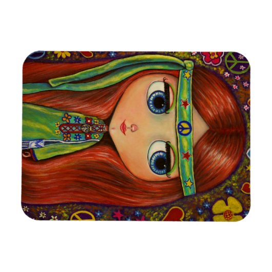 グリーンヒッピー女の子の人形フラワーパワーピースピース マグネット (横)