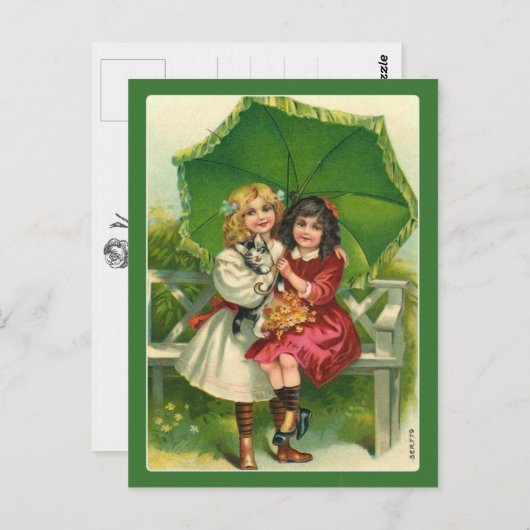 グリーンビクトリアンヴィンテージはがき内の甘い女の子 ポストカード (正面/裏面)