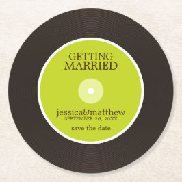 グリーンビニールレコード結婚式の日付を保存結婚する ラウンドペーパーコースター