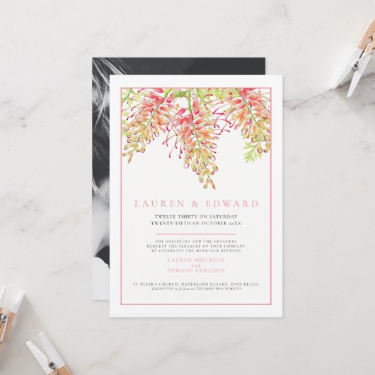 グリーンビラ植物水結婚色の珊瑚写真 招待状 (正面/裏面インサイチュ)