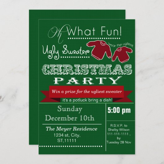 グリーンビンテージクリスマス醜いセーターパーティー招待状 招待状 (正面/裏面)
