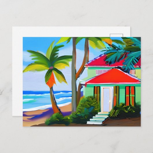 グリーンビーチハウスパームツリーズと海 ポストカード (正面/裏面)