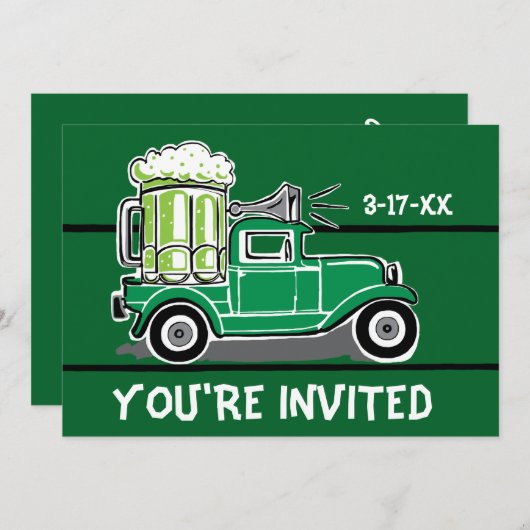 グリーンビールヴィンテージトラックセントパトリックの日パーティー 招待状 (正面/裏面)
