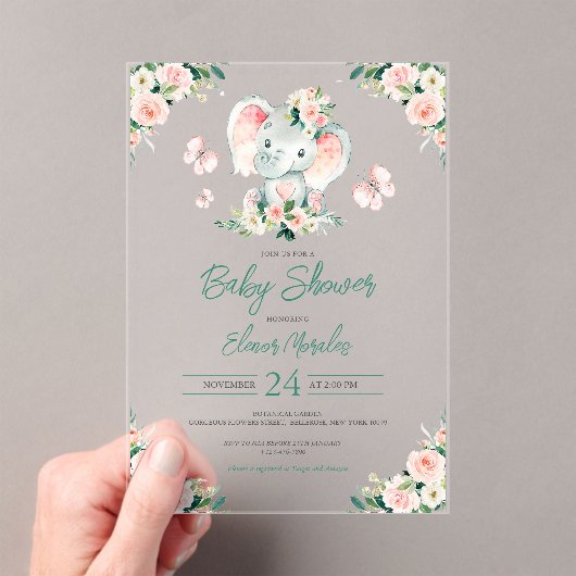 グリーンピンクかわいいフローラゾウのフレーム赤ちゃんシャワー アクリル招待状 (インサイチュ (ポータブル))