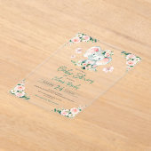 グリーンピンクかわいいフローラゾウのフレーム赤ちゃんシャワー アクリル招待状 (レイダウン)