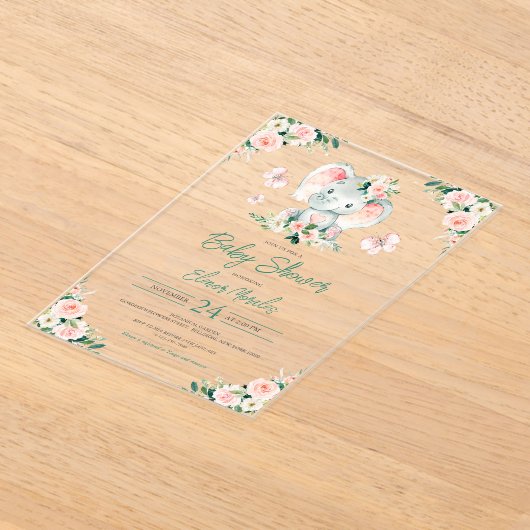 グリーンピンクかわいいフローラゾウのフレーム赤ちゃんシャワー アクリル招待状 (レイダウン)