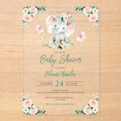 グリーンピンクかわいいフローラゾウのフレーム赤ちゃんシャワー アクリル招待状 (正面)