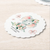 グリーンピンクかわいいフローラゾウのフレーム赤ちゃんシャワー ペーパーコースター (アングル)