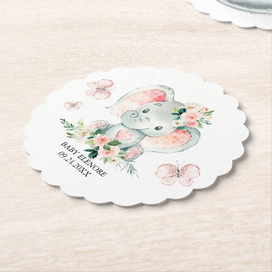 グリーンピンクかわいいフローラゾウのフレーム赤ちゃんシャワー ペーパーコースター (アングル)