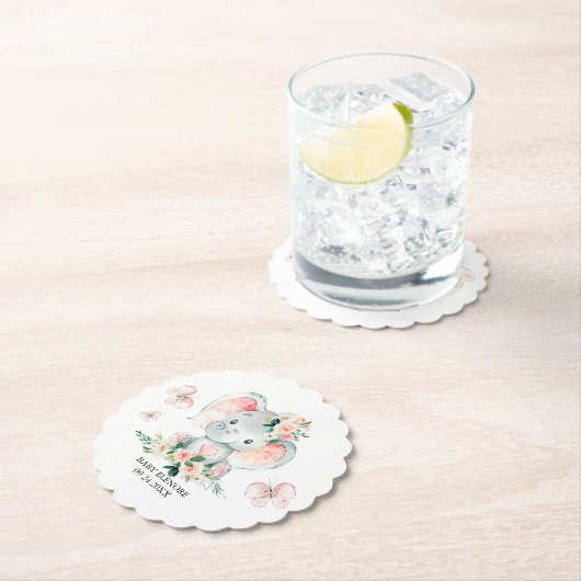 グリーンピンクかわいいフローラゾウのフレーム赤ちゃんシャワー ペーパーコースター (インサイチュ)