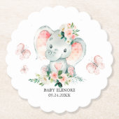 グリーンピンクかわいいフローラゾウのフレーム赤ちゃんシャワー ペーパーコースター (正面)