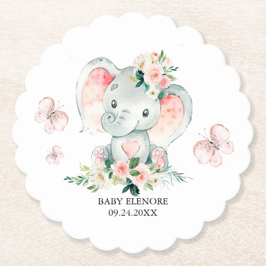 グリーンピンクかわいいフローラゾウのフレーム赤ちゃんシャワー ペーパーコースター (正面)