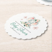 グリーンピンクかわいいフローラゾウのフレーム赤ちゃんシャワー ペーパーコースター (アングル)