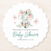 グリーンピンクかわいいフローラゾウのフレーム赤ちゃんシャワー ペーパーコースター (正面)