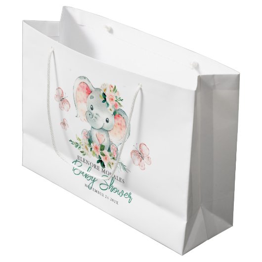 グリーンピンクかわいいフローラゾウのフレーム赤ちゃんシャワー ラージペーパーバッグ (正面アングル)