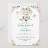 グリーンピンクかわいいフローラゾウのフレーム赤ちゃんシャワー 招待状 (正面)