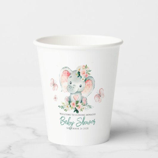 グリーンピンクかわいいフローラゾウのフレーム赤ちゃんシャワー 紙コップ (正面)
