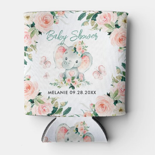グリーンピンクかわいいフローラゾウのフレーム赤ちゃんシャワー 缶クーラー (正面)