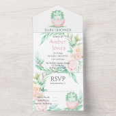 グリーンピンクかわいい恐竜の牡丹の赤ちゃんシャワー オールインワン招待状 (内側)