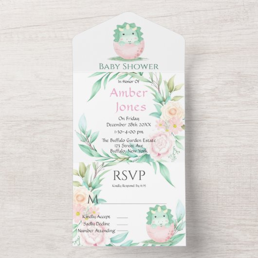 グリーンピンクかわいい恐竜の牡丹の赤ちゃんシャワー オールインワン招待状 (内側)