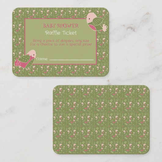 グリーンピンクかわいい鳥の赤ちゃんシャワーラッフルチケット エンクロージャーカード (正面/裏面)