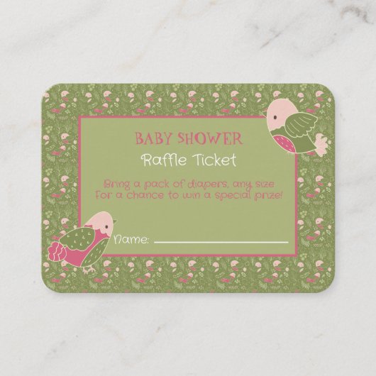 グリーンピンクかわいい鳥の赤ちゃんシャワーラッフルチケット エンクロージャーカード (正面)