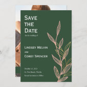 グリーンピンクと金ゴールドリーフ結婚式の日付を保存 招待状 (正面/裏面)